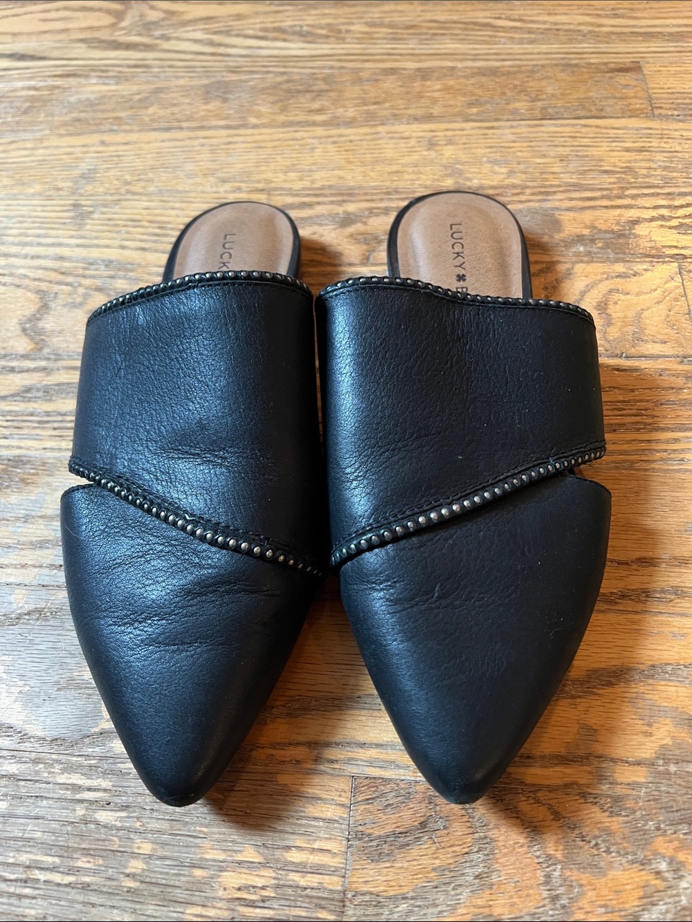 Lucky Brand Black Leather Pointed mules with Stud Trim size 8 leather upper
